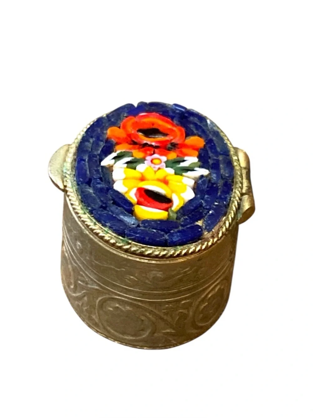 Vintage Italian Micro Mosaic Pill Box Blue Floral Gold Tone Metal Trinket 1.25”